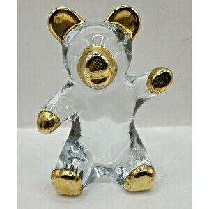 Vintage Hand Blown Glass Teddy Bear Paperweight Baby With Gold Accents 4 Inches
